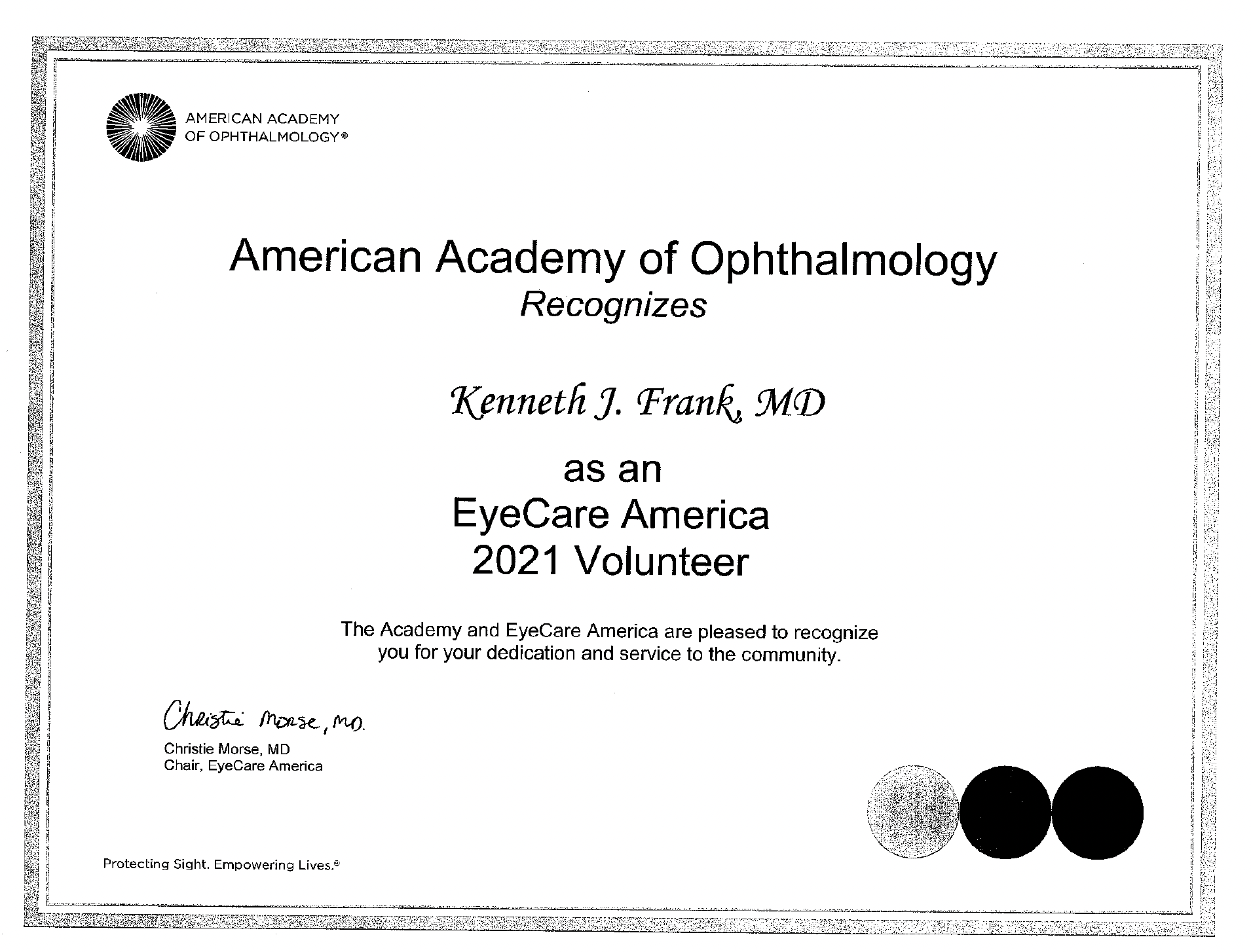 EyeCare America 2021 Volunteer certificate from Frank Eye Center in Ottawa, KS. 